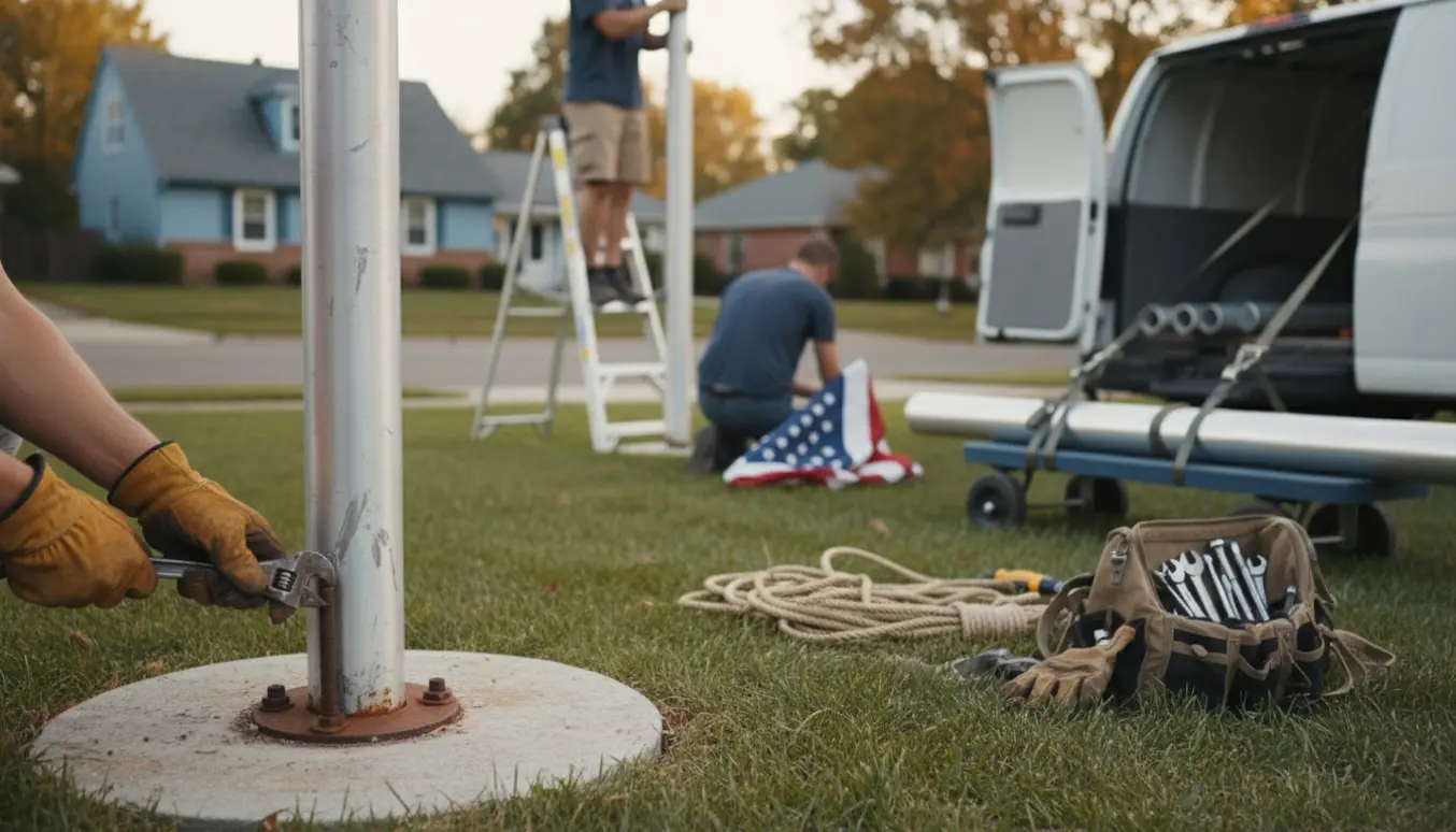 Hænder i arbejdshandsker afmonterer en flagstang i en forhave med metalstænger klar til bortskaffelse.