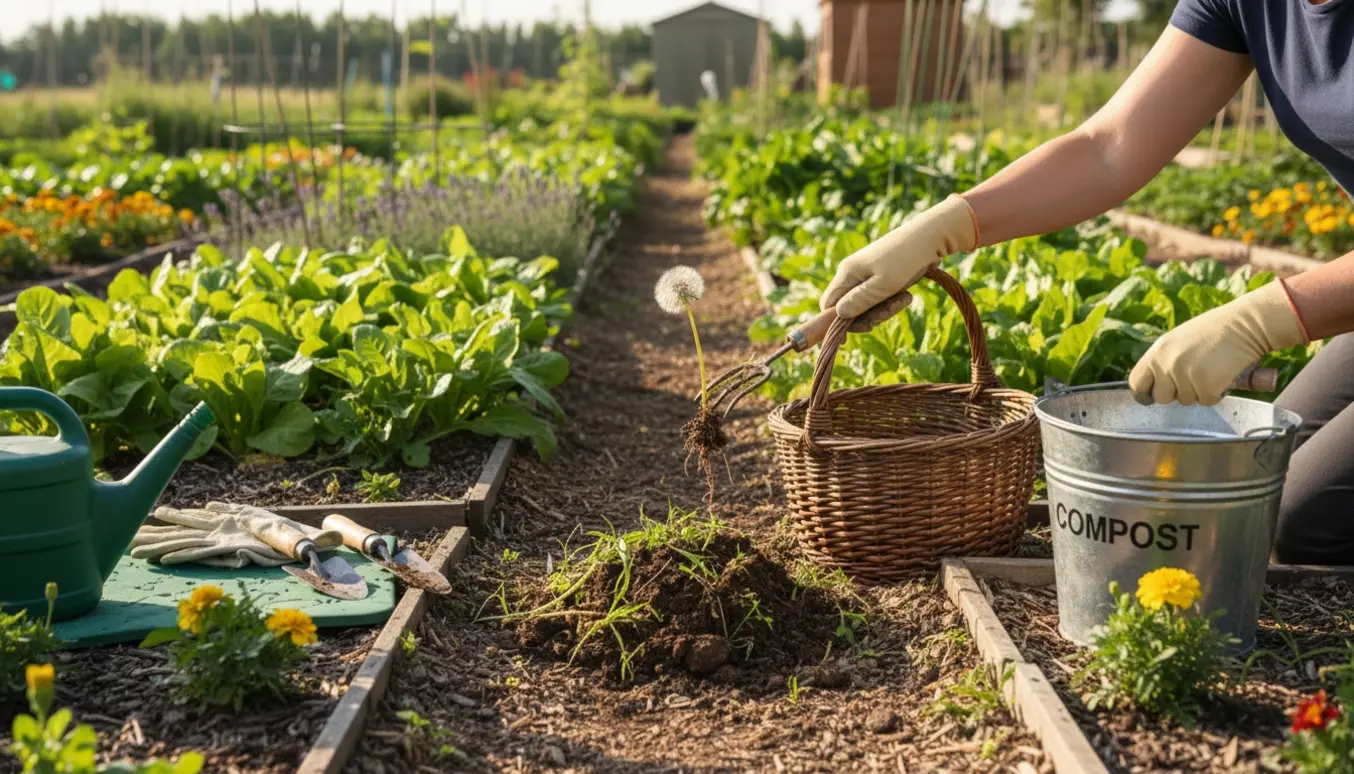Hænder i havehandsker luger ukrudt i to højbede med værktøj og en spand ved siden af.