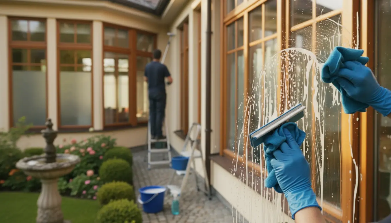 Vinduespudsning ved en villa med hænder, nal og klud på et solbelyst havestuevindue, med stige og matterede ruder i baggrunden.