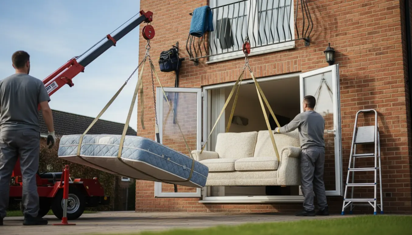 En halv sofa og en 1,5-mands seng løftes gennem et åbent vinduesparti på 1. sal med kran og stropper, mens flyttemænd guider dem.