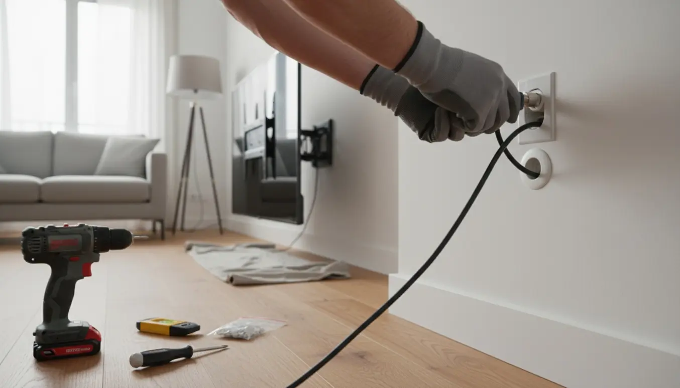 Hænder installerer et TV-stik i en moderne stue med værktøj og vægbeslag i baggrunden.