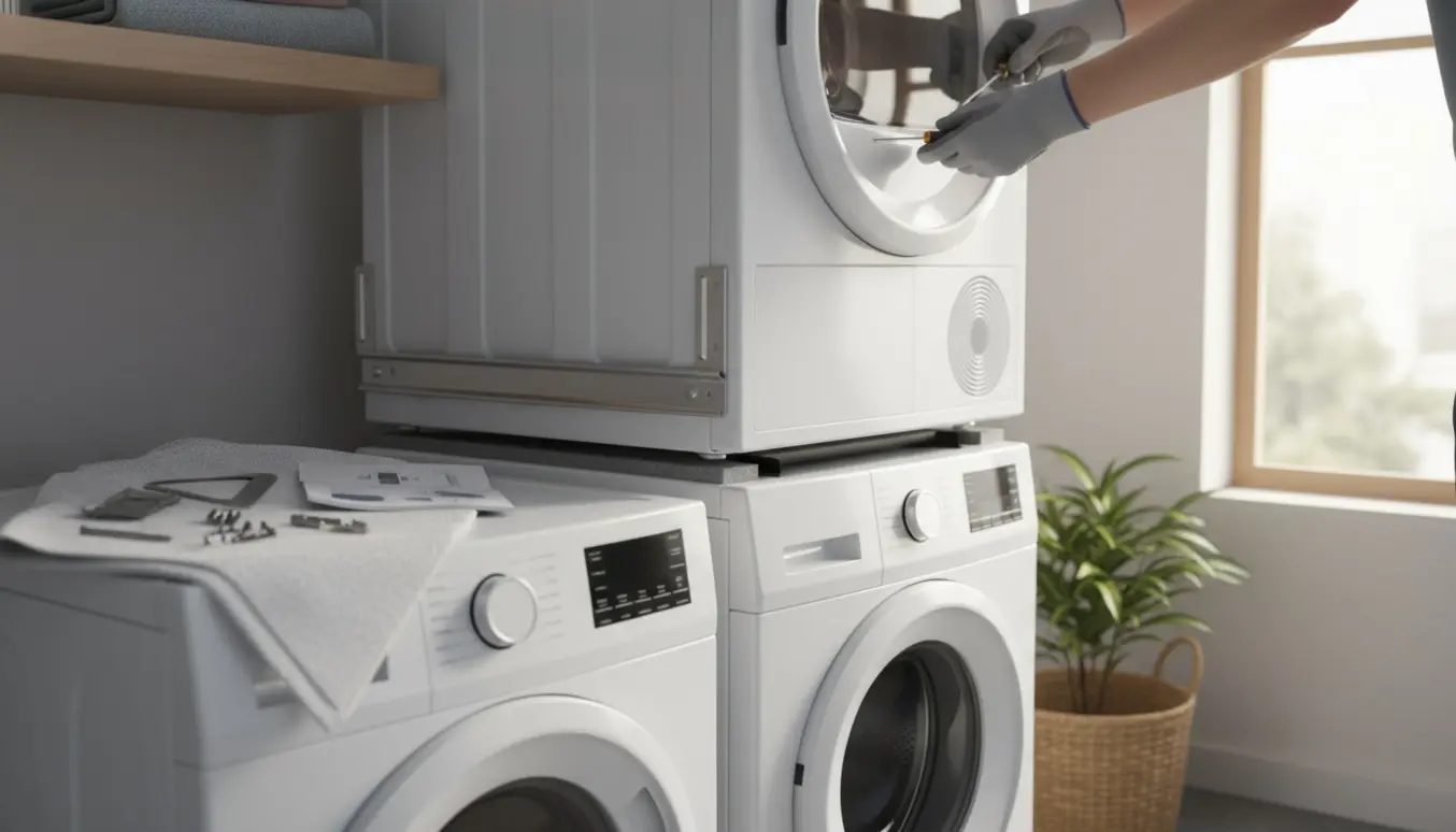 Tørretumbler monteres sikkert ovenpå en vaskemaskine i et lyst og ryddeligt vaskerum.