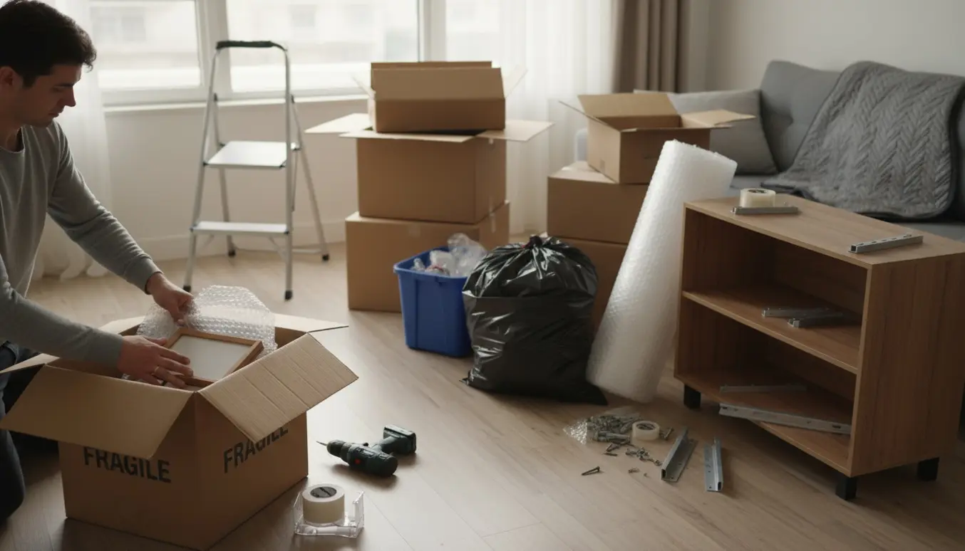 Nedpakning af lejlighed med flyttekasser, nedtagne reoler, værktøj og sort affaldssæk i et solbelyst rum.