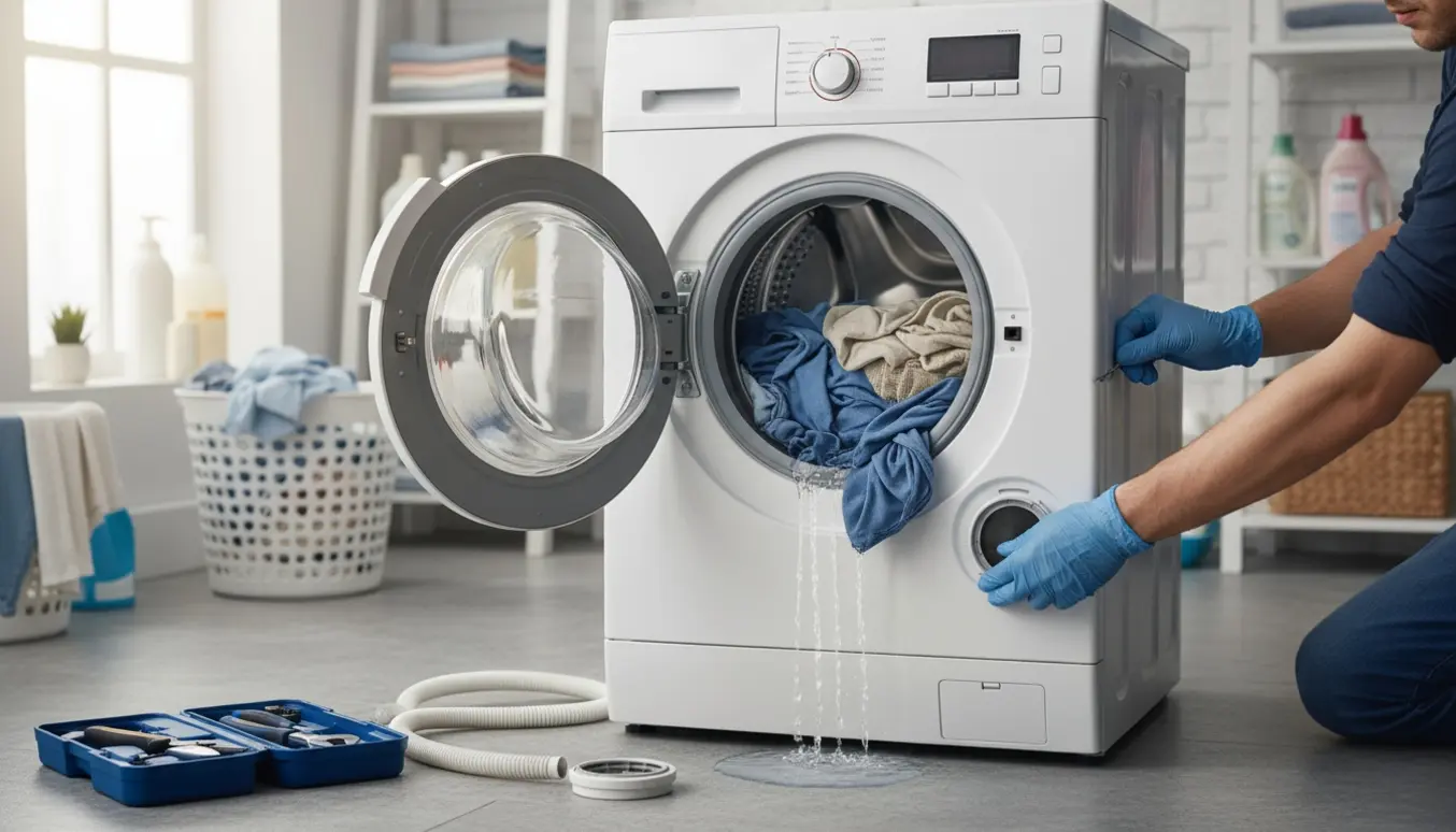 Tekniker med handsker inspicerer en ældre hvid frontbetjent vaskemaskine med våde tøj og værktøj for at reparere centrifugeringen.