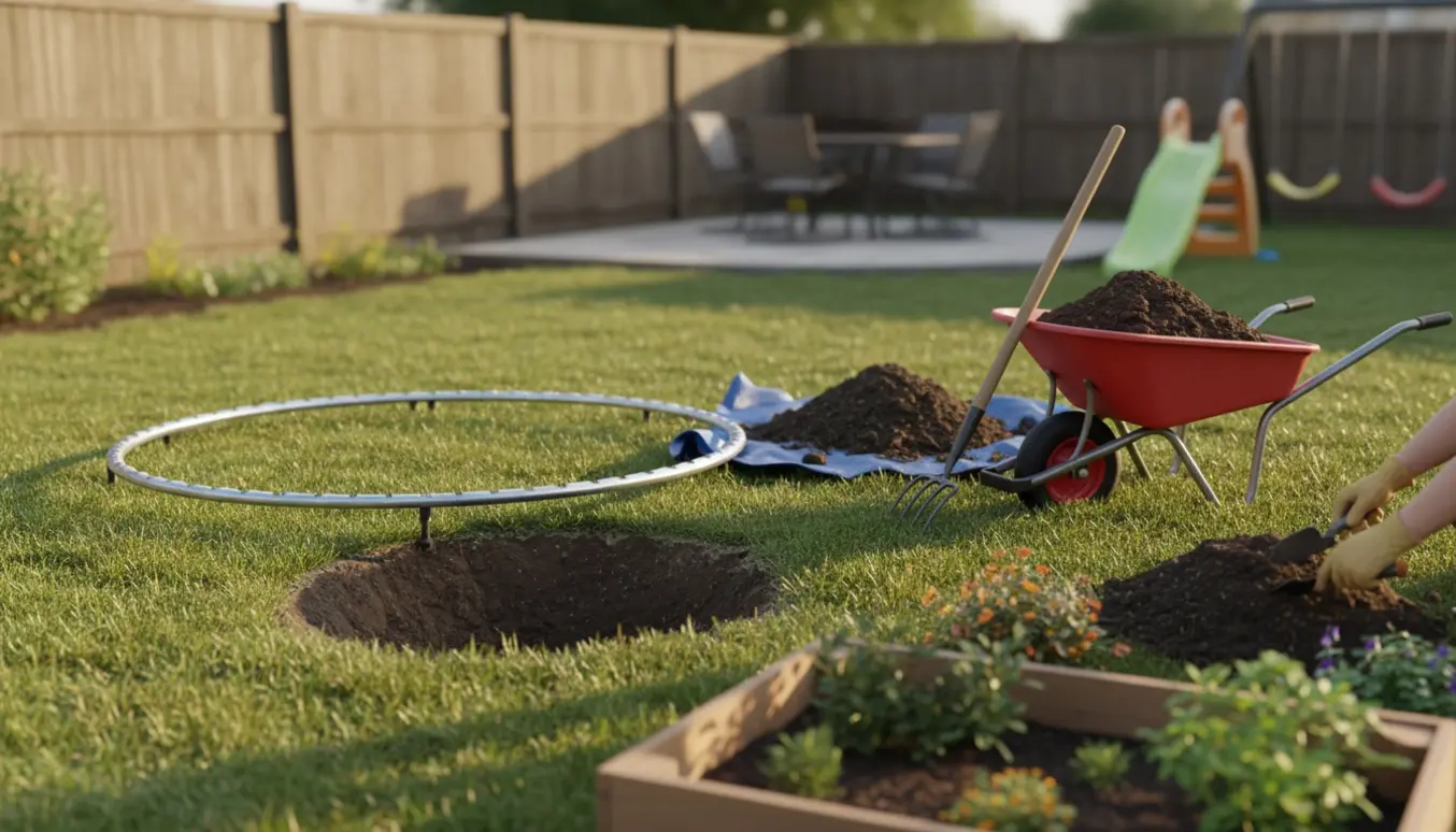 Gravning til nedgravet trampolin i baghaven med jord i trillebør og redskaber, klar til genbrug.