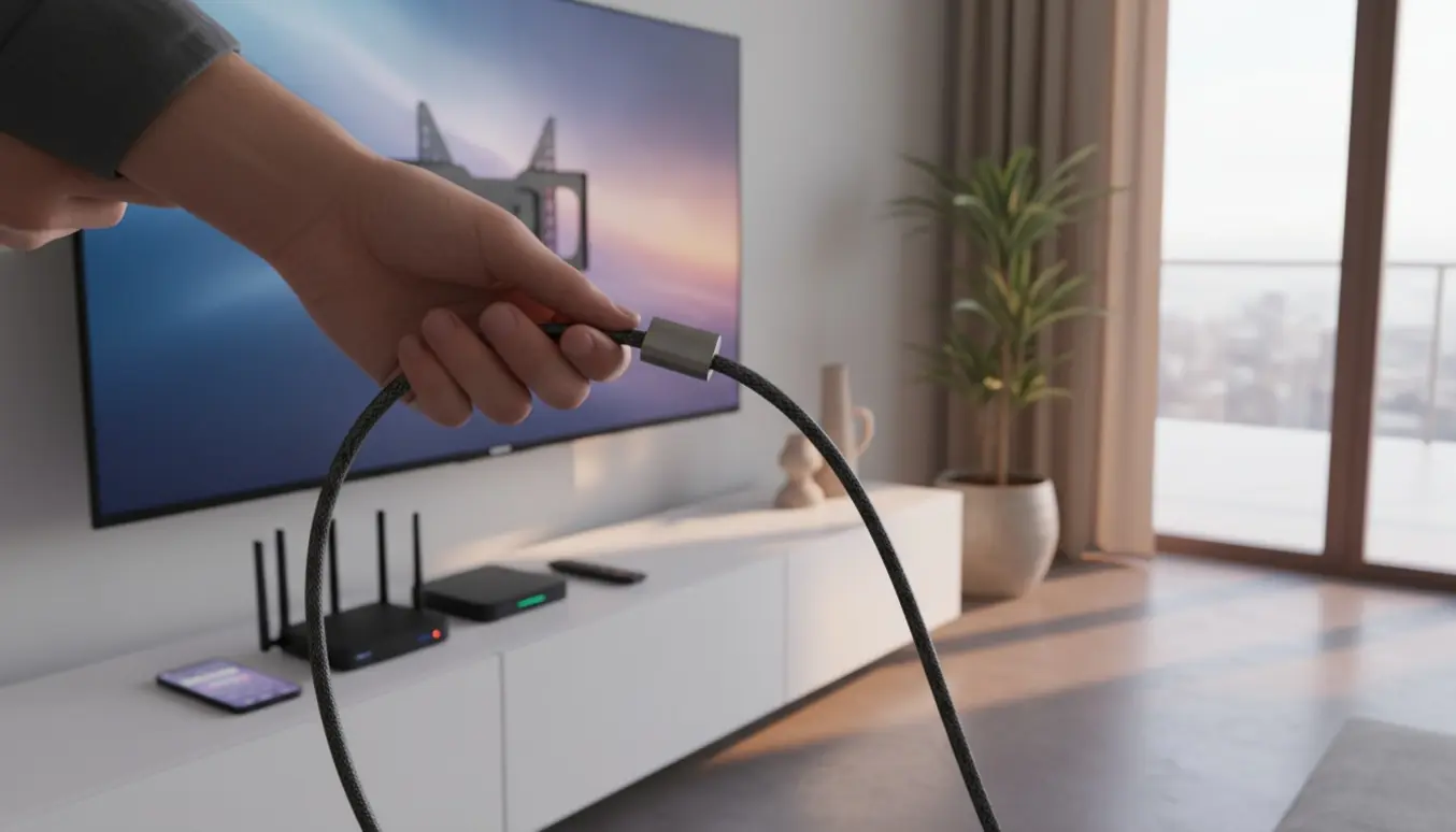 Hænder tilslutter kabler og indstiller et moderne fladskærms-tv i en lys stue.