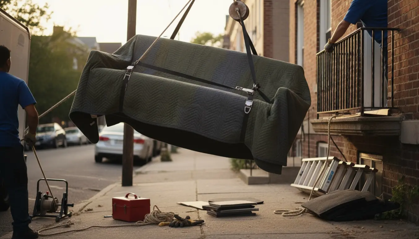 Stor sofa løftes op til første sal via altanen med tov, blok og flyttetæpper.