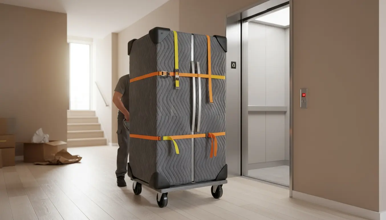 Et amerikansk køleskab på dolly trækkes ind i en lejlighedselevator af flyttefolk.