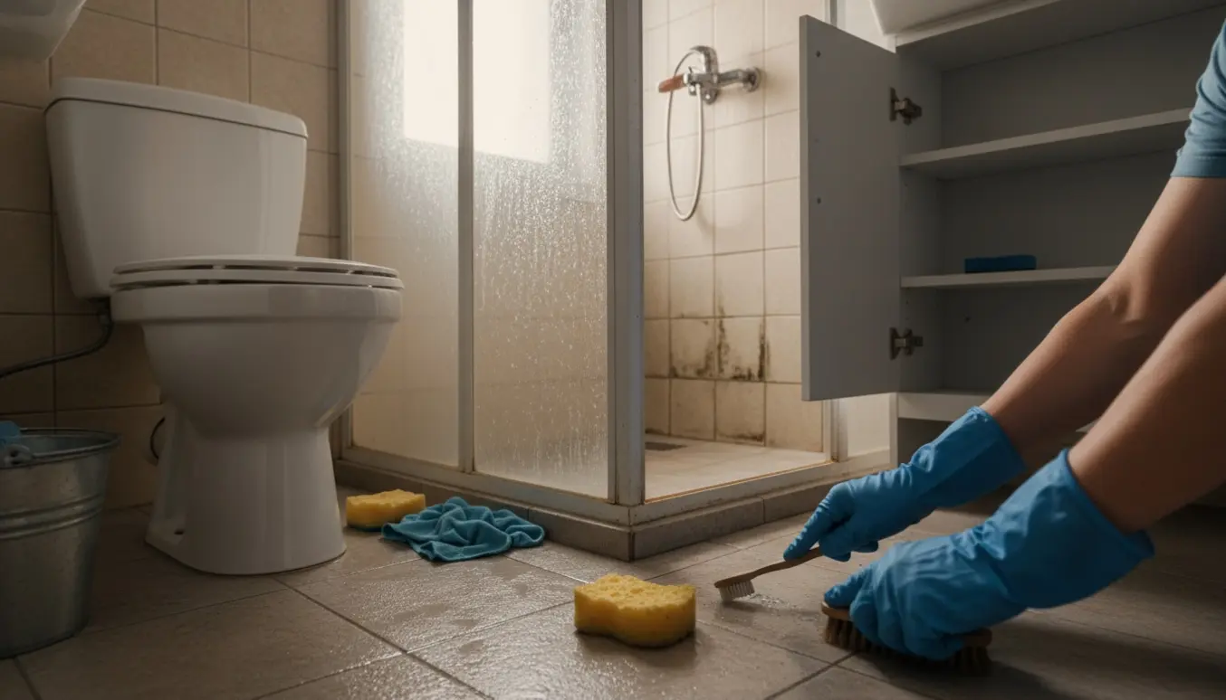 Hænder i gummihandsker skrubber kalk og skimmel i et meget lille badeværelse med tomt skab og spand.