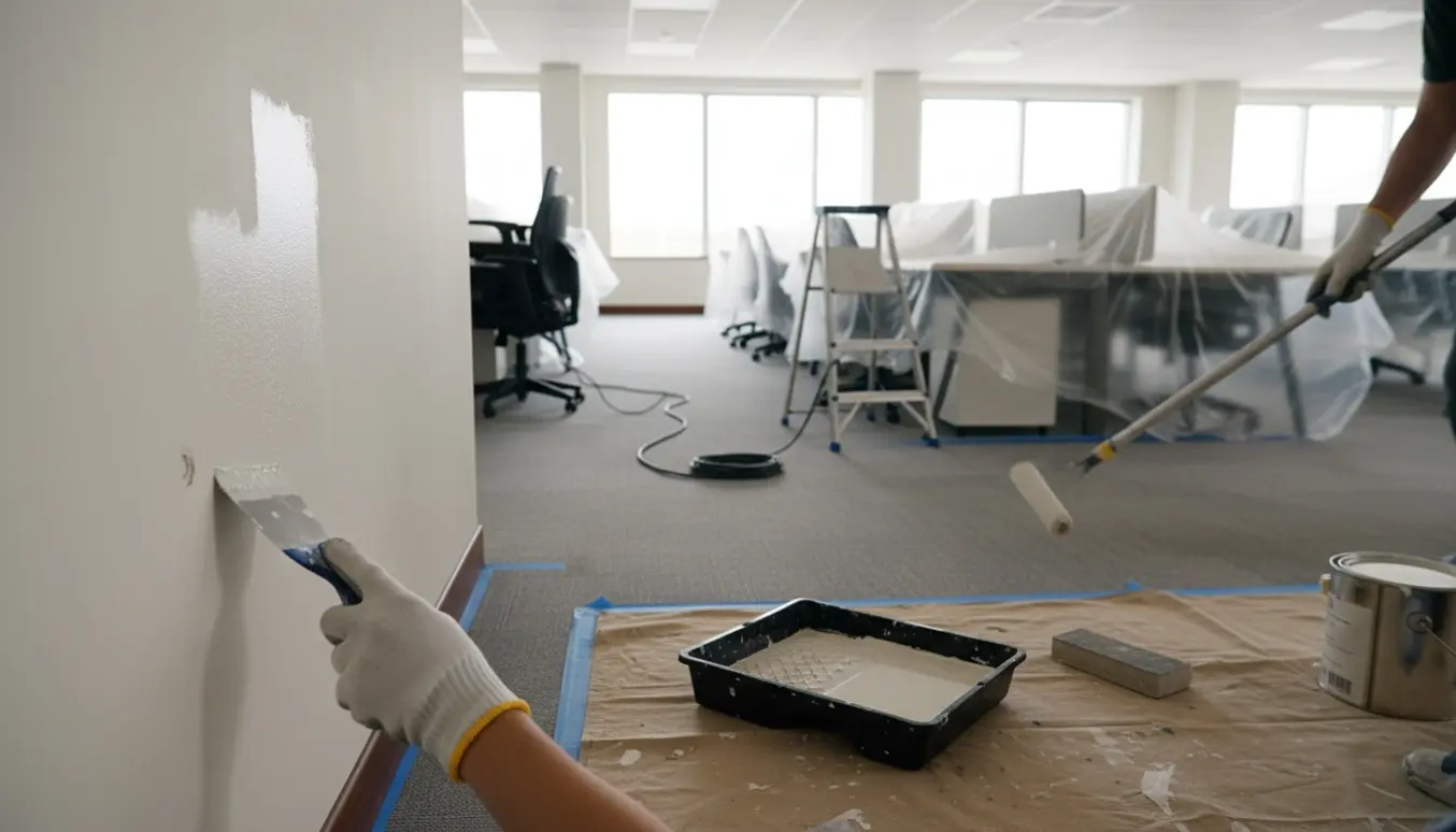 Nærbillede af hænder, der spartler og maler en kontorvæg med møbler dækket af plastik i baggrunden.