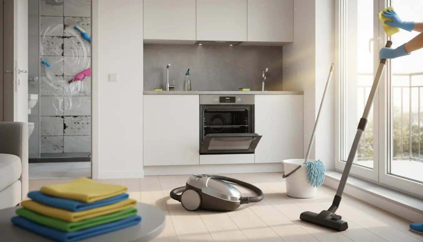 Hovedrengøring i en solbelyst 50 m² lejlighed med støvsuger, klude til vinduespudsning, skrubbede badeværelsesfliser og rengjort komfur.