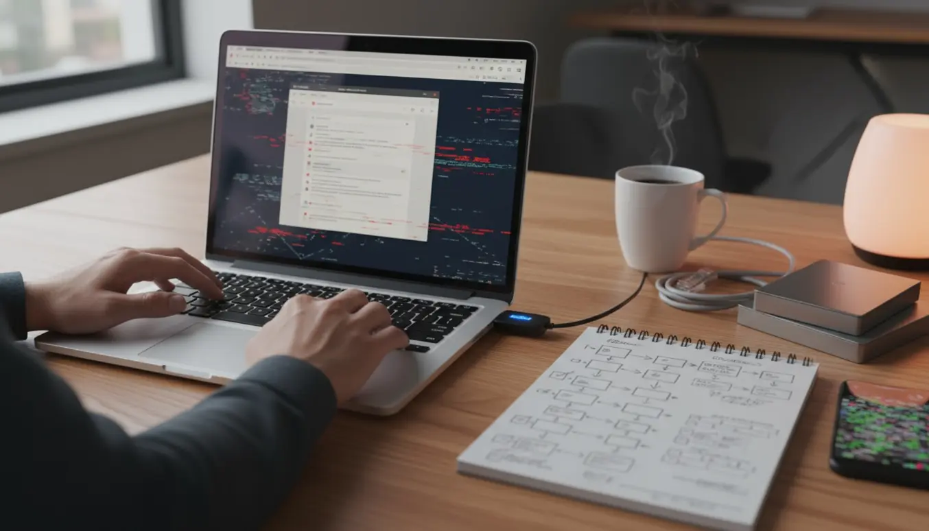 Hænder tilslutter et USB-diagnostisk værktøj til en bærbar med en sløret fejlskærm, omgivet af notater og kabler.