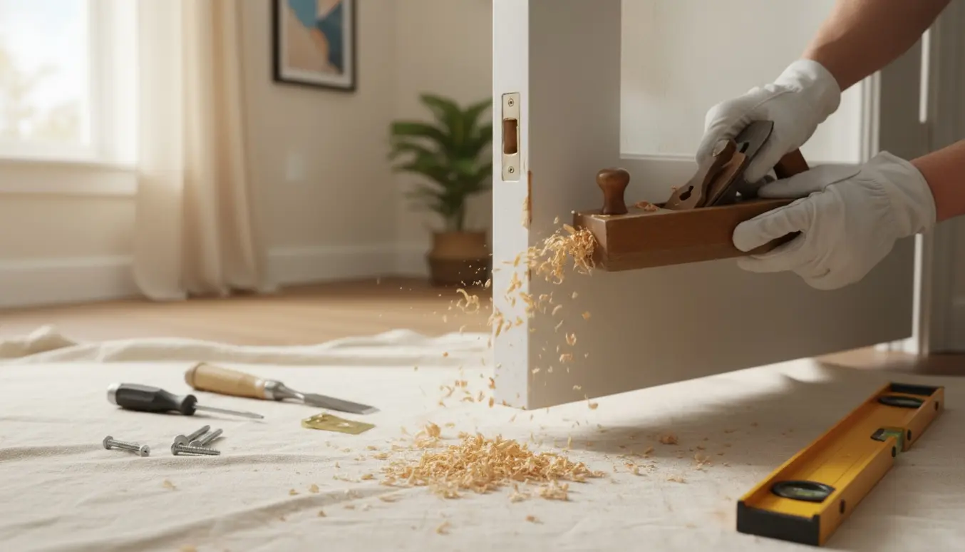 Håndværker høvler toppen af en indvendig dør i en lejlighed med træspåner og værktøj på et underlag.