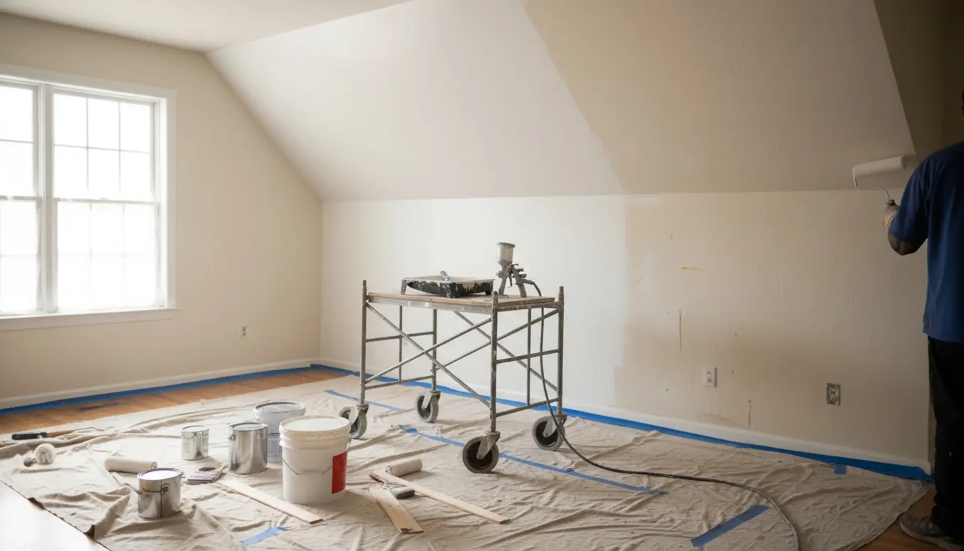 Afdækket stue på 33 m² med rullestillads, malerbøtter, malersprøjte og hænder, der maler en skråvæg.