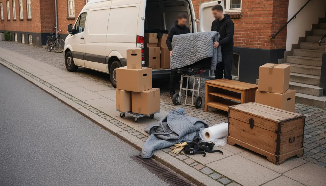 Flyttefolk læsser TV, tv-bord, lille trækiste og cirka seks flyttekasser ved en åben flyttebil på en københavnsk vej.