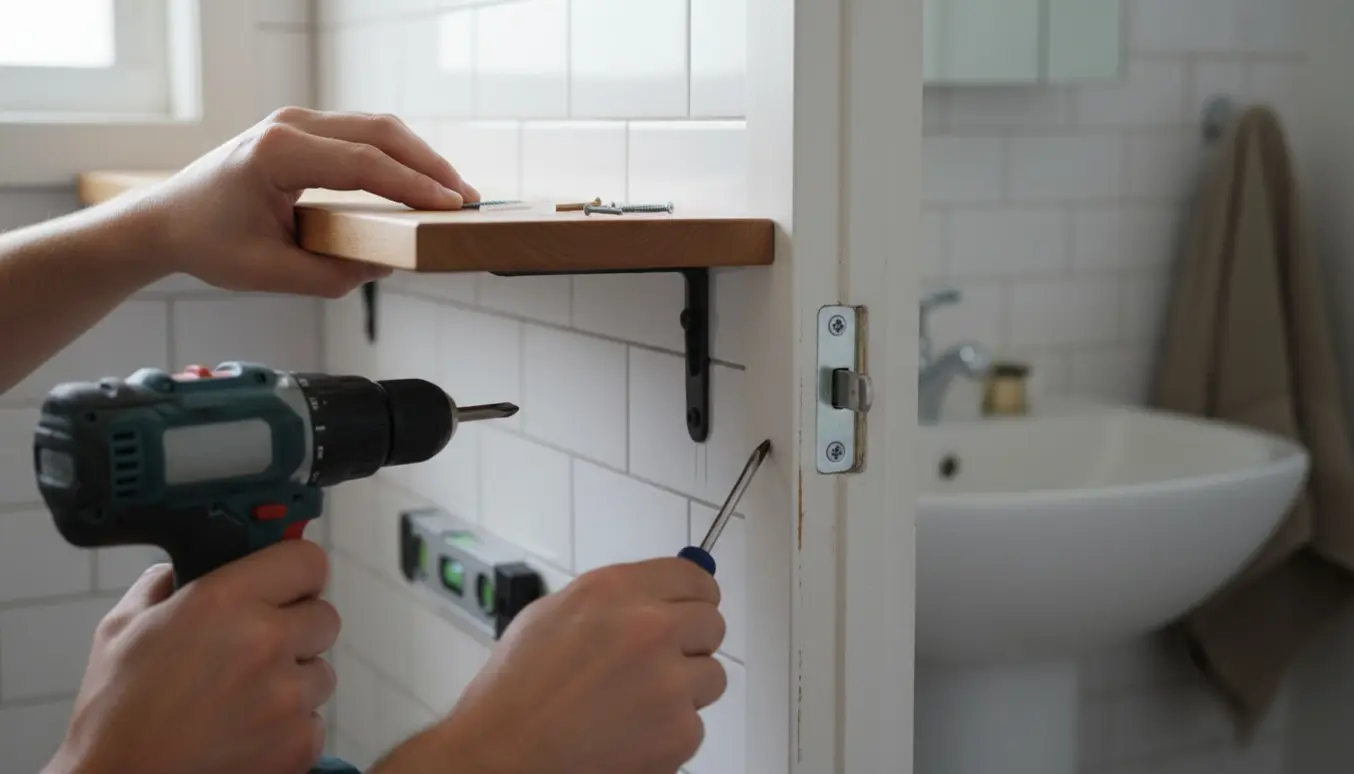 Nærbillede af hænder, der borer en hylde fast i flisevæg og skruer en haspel i dørkarmen på et badeværelse.