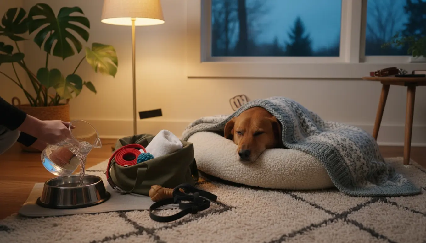 Hundepasser forbereder en hyggelig overnatning til en hund i stuen med hundeseng, madskål og taske.