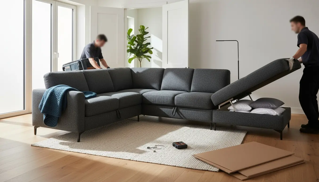 En mørkegrå hjørnesofa bæres ind i en lys lejlighed af flyttemænd, delvist pakket ud med åben opbevaring.