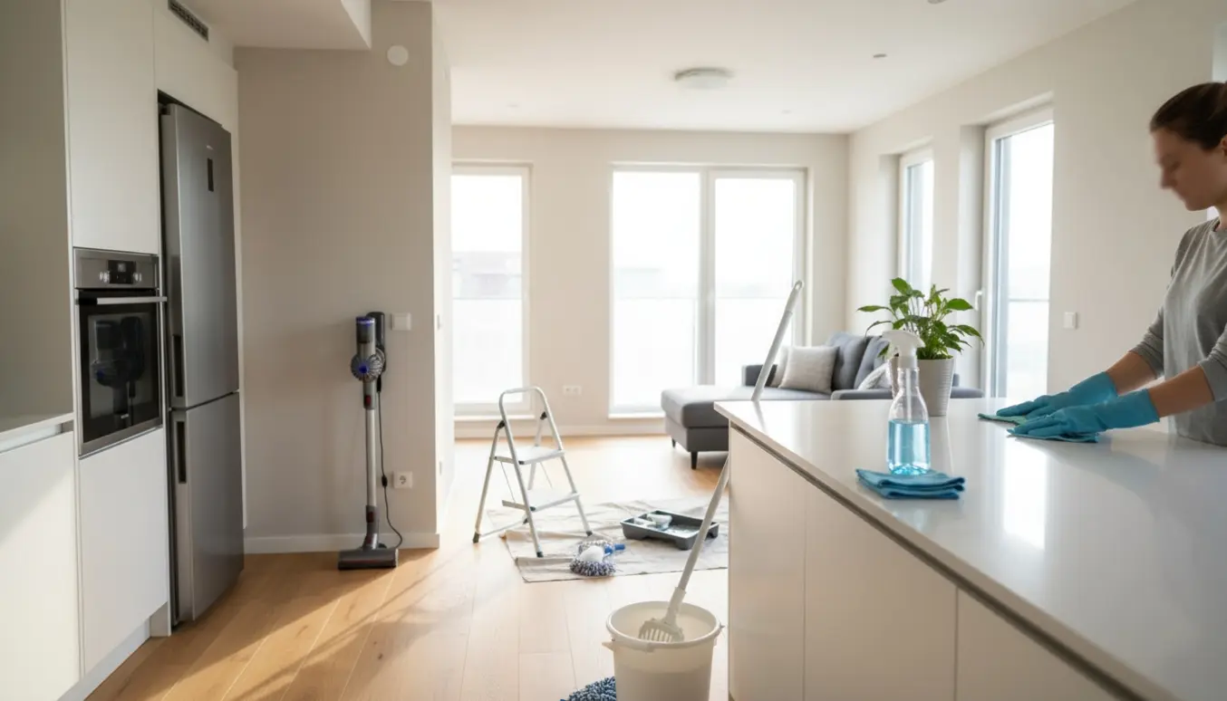 Soloplyst moderne lejlighed med nymalede vægge og rengøringsudstyr, hvor rengøring er i gang.