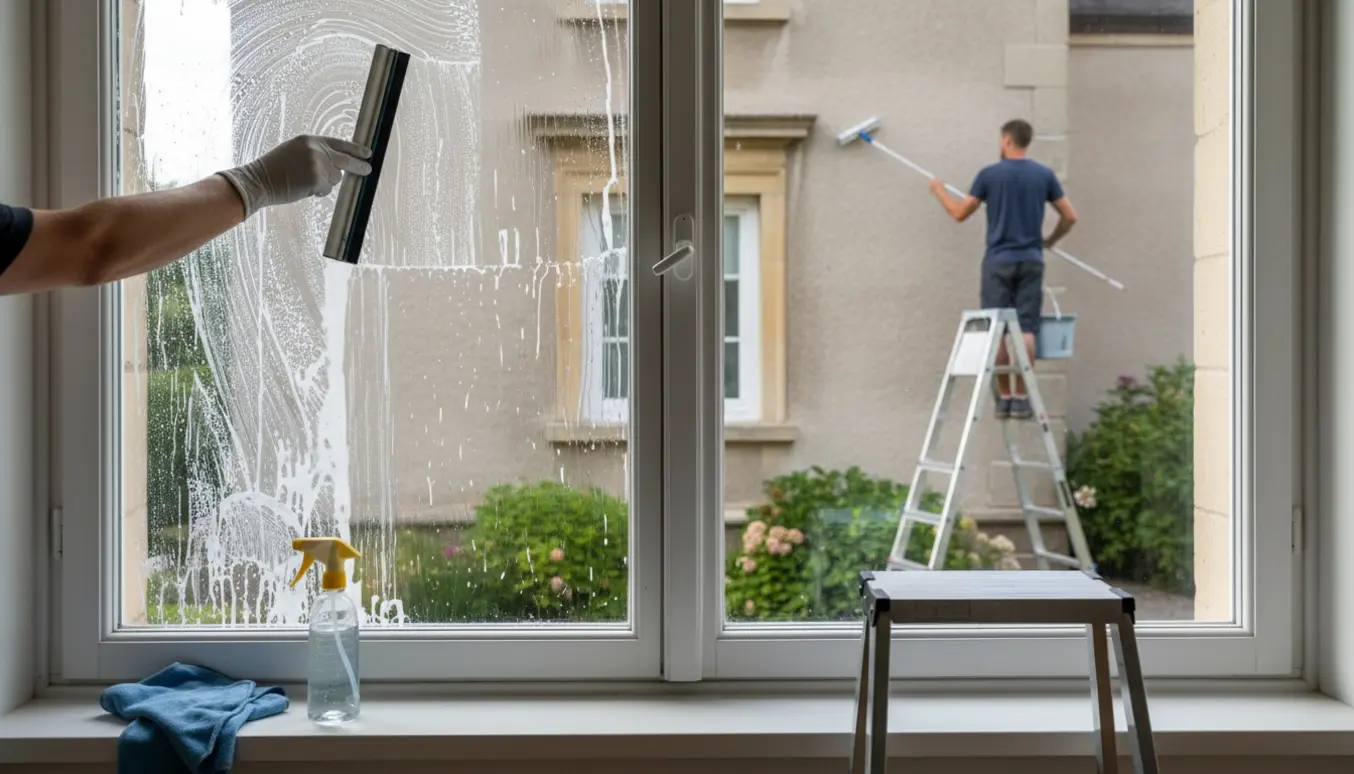 Dobbeltlags vindue på 1. sal i en villa, delvist rengjort indefra og udefra med skraber og spand.