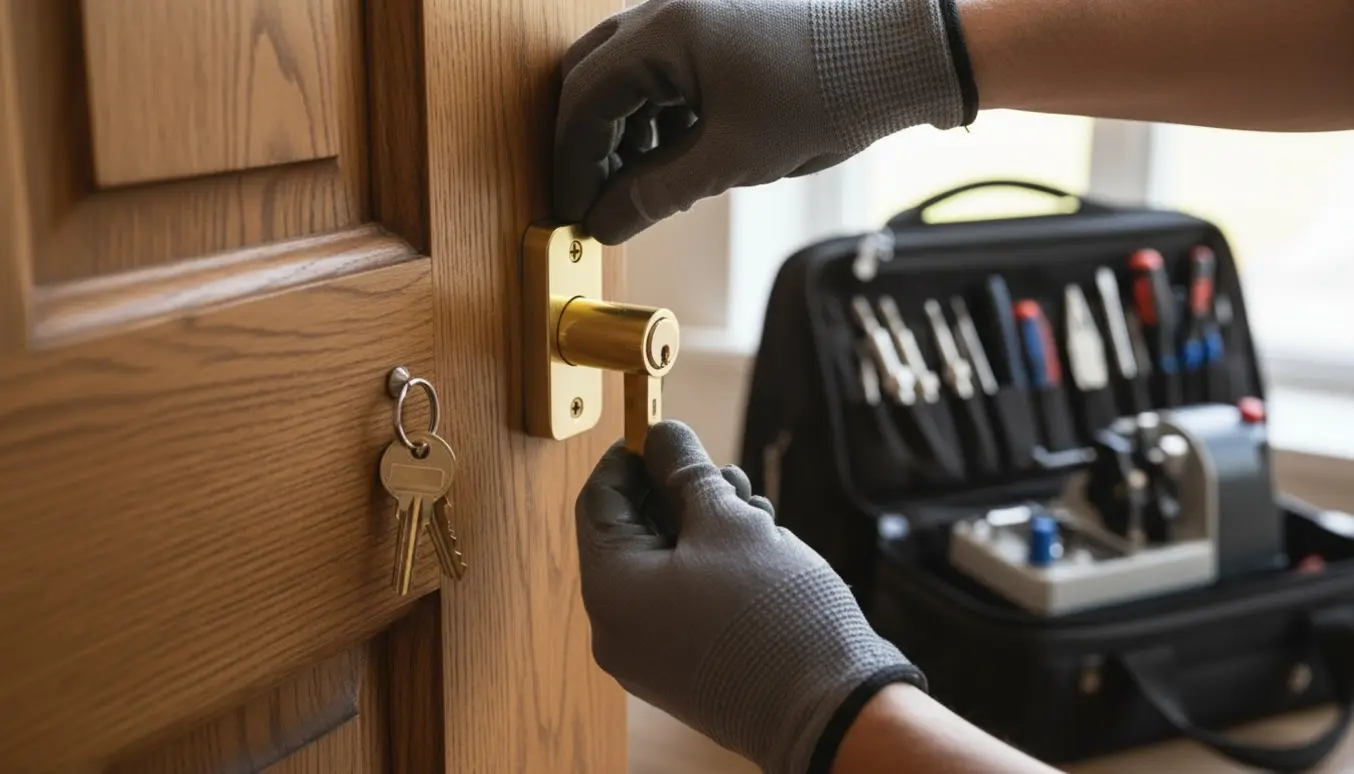 Nærbillede af hænder, der monterer en ny låsecylinder i en hoveddør med to nylavede nøgler på en nøglering.