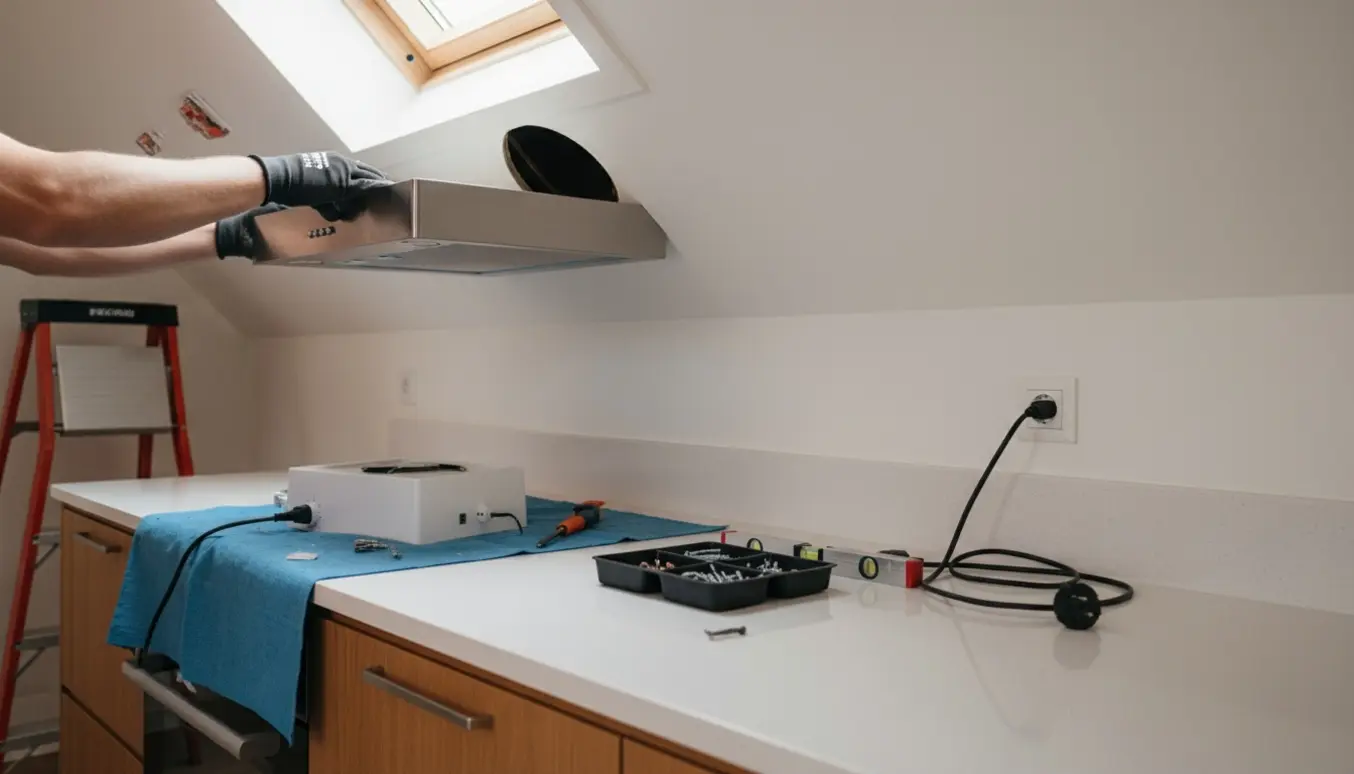 Montering af ny emhætte i et skråloft med værktøj og stige, klar til tilslutning til stikkontakt.