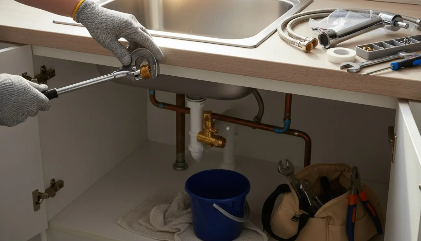 Håndværker i handsker skifter køkkenvandhane og udskifter ballofix under vasken.