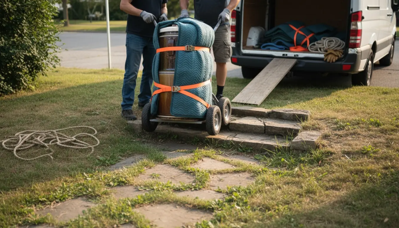Et keramisk ovn på dolly pakkes ind i tæpper og sikres med stropper, mens to personer uden tydelige ansigter fører den ned ad tre have-trin mod en åben varevogn.