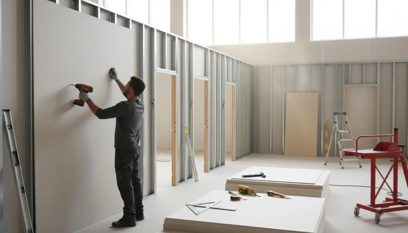 Håndværker monterer gipsvæg i et erhvervslokale med døråbninger og værktøj i forgrunden.