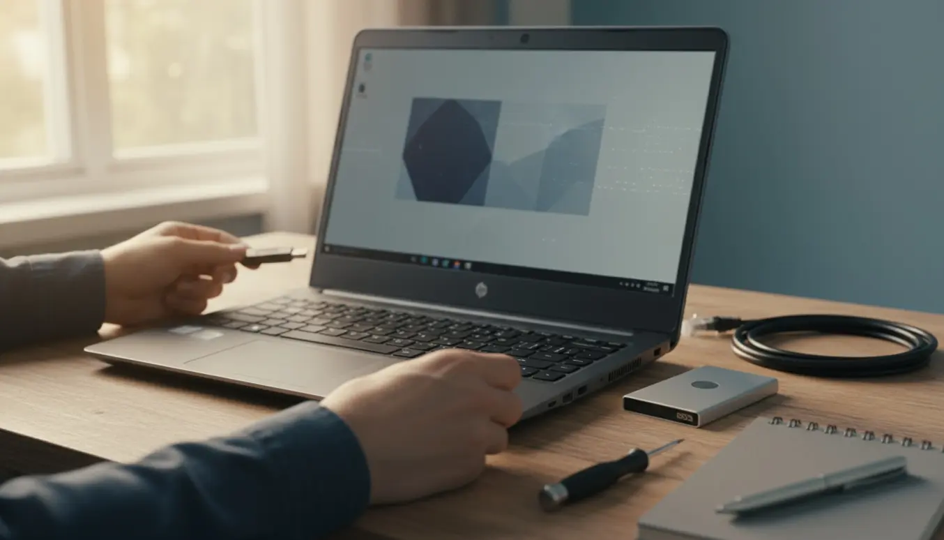 Hænder forbereder en USB-genoprettelsesnøgle ved en åben HP-bærbar på et skrivebord til fejlfinding af Windows 11.