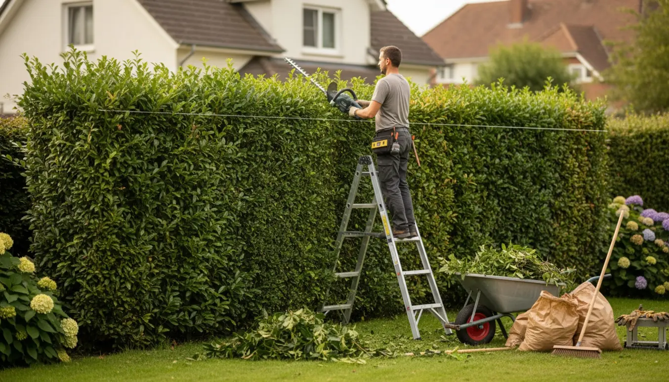 Havearbejder trimmer cirka en meter af toppen af en hæk omkring et hus med trillebør og affaldssække klar til bortskaffelse.