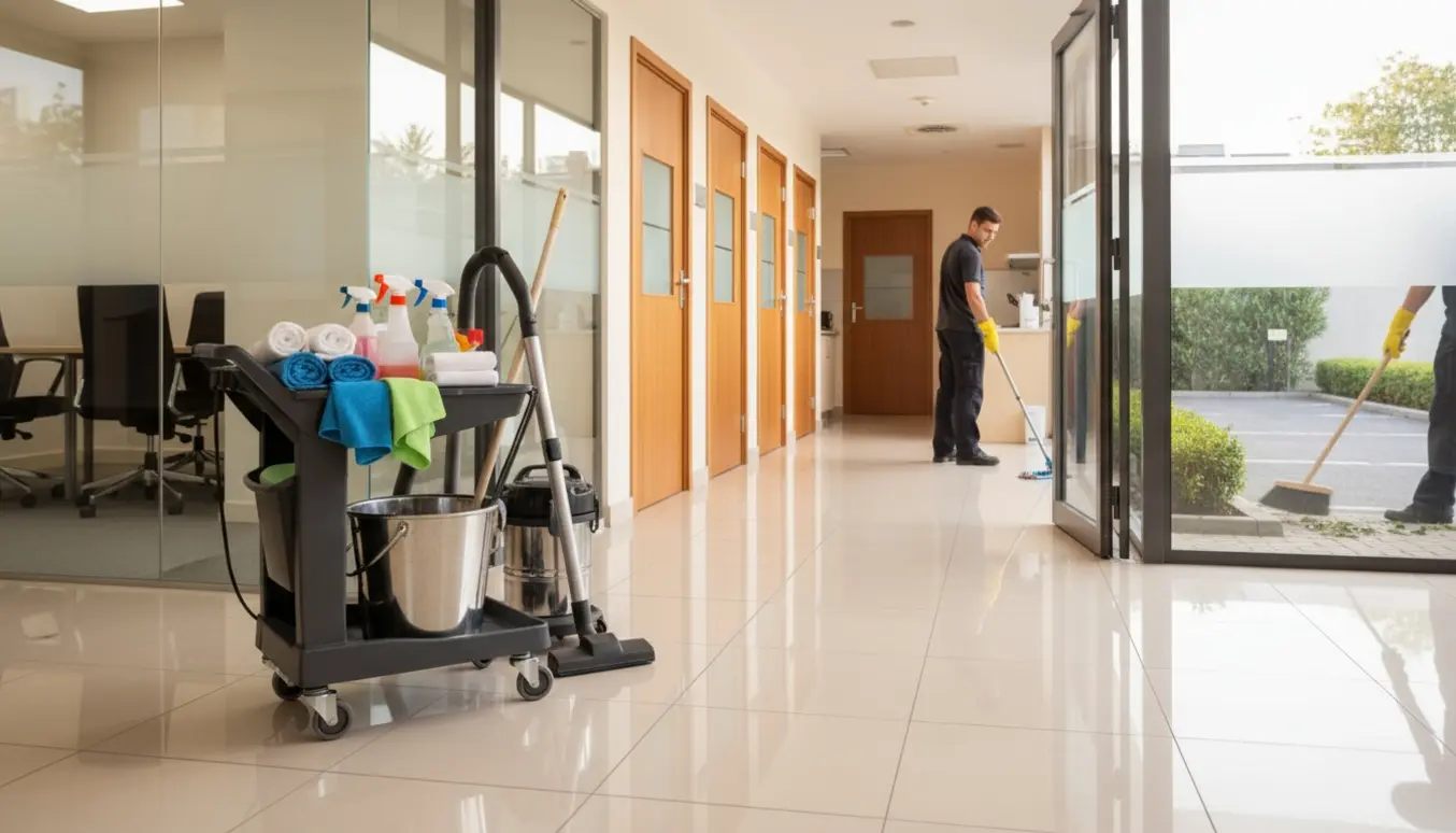 Rengøringsvogn i en lys kontorentré med en person set bagfra, der mopper gulvet, og hækkeklipper og kost i parkeringsområdet udenfor.