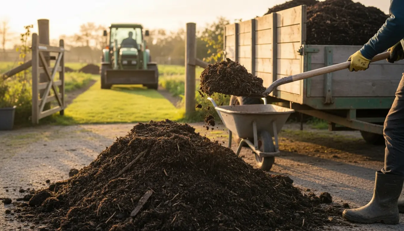 Ladvogn fyldes med løs, mørk kompost på en gårdsplads, klar til at køres ind i haven.