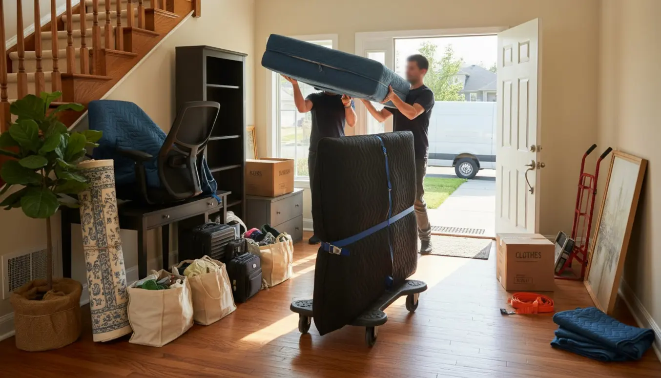 Flyttefolk bærer en 140x200 madras ned ad en trappe mod en åben flyttevogn, omgivet af møbler, kasser og en stor plante.