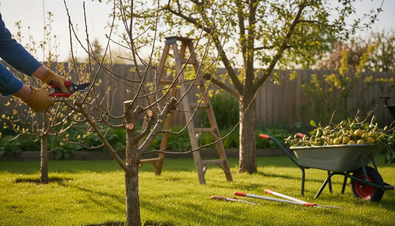 Beskæring af tre frugttræer i en solrig have med to lave træer på cirka 2 m og et højere på 3–4 m, beskæringsredskaber og en stige.
