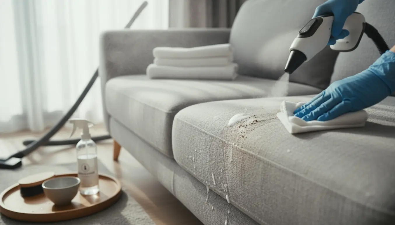 Handskerede hænder rengør en mørk plet på en lysegrå sofa med damprenser og mikrofiberklud i en lys stue.