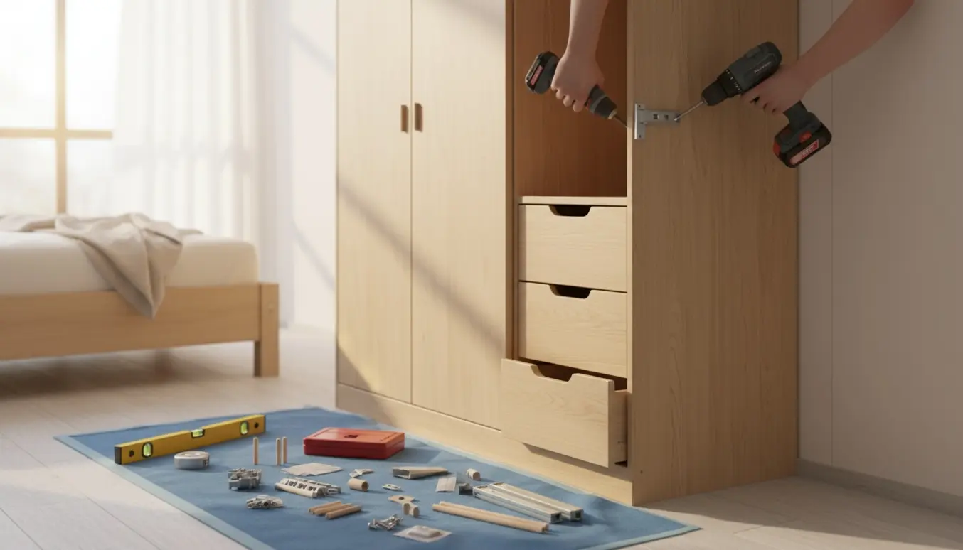 Hænder monterer et næsten færdigt garderobeskab med to låger og tre skuffer og værktøj i et lyst soveværelse.