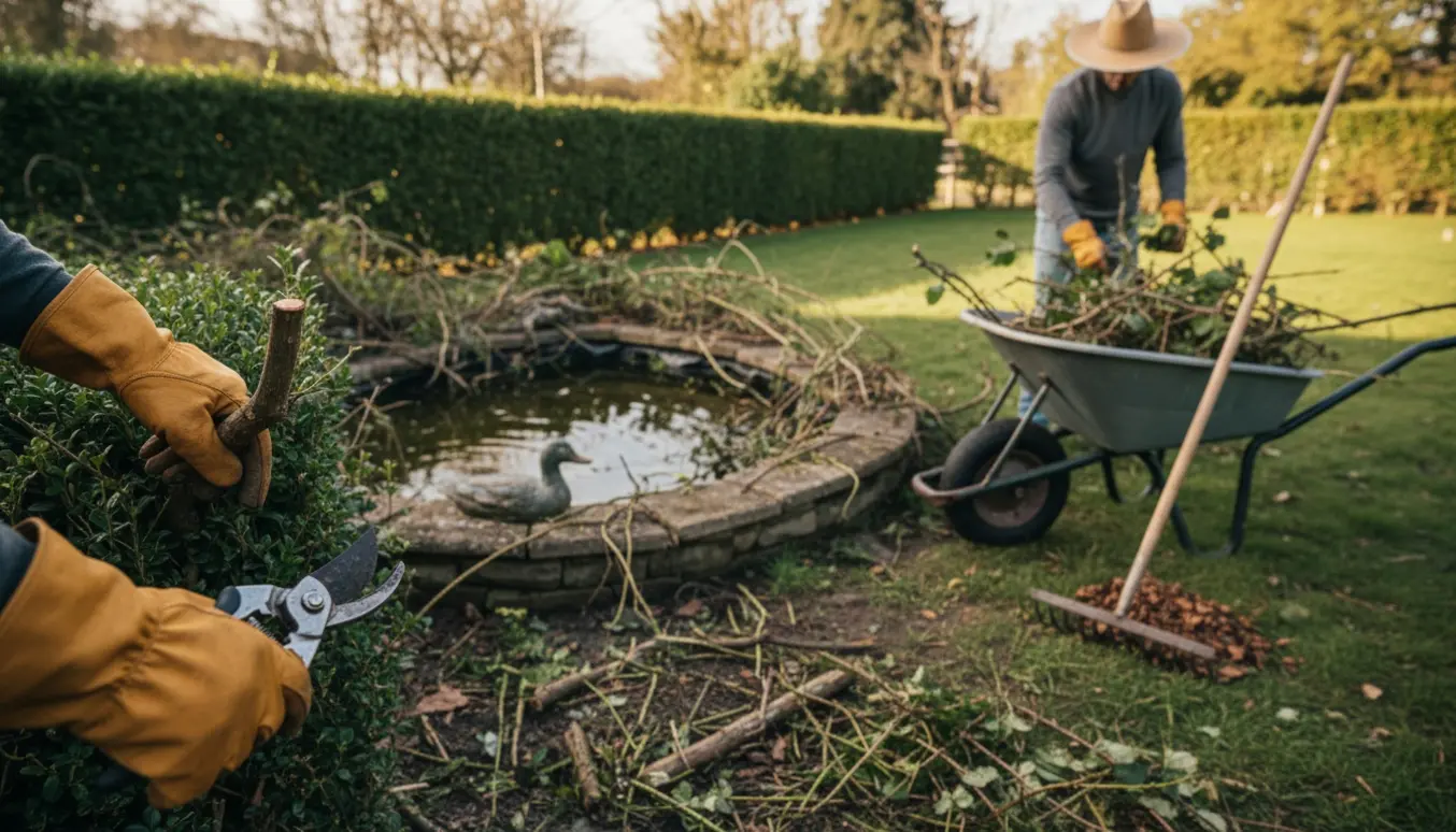 Nærbillede af beskæring og rydning af buske og brombær ved en gammel andedam med trillebør og rive.