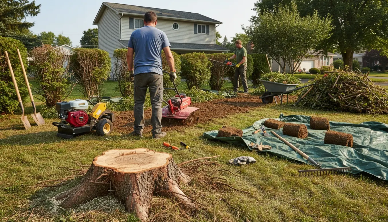 Fronthave under omlægning med fjernet æbletræstump, fræset græsplæne og stablede buske.