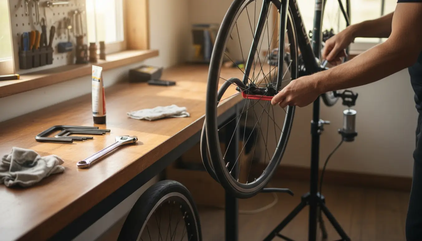 Nærbillede af hænder, der monterer en ny slange og dæk på en cykel i et lyst værksted.