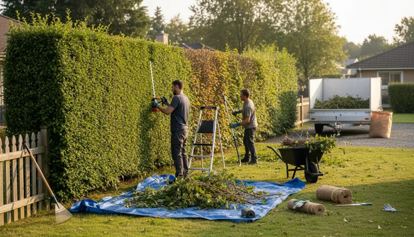 Nøddehegn langs nabogrænse, hvor den ene side er nybeskåret med afklippede grene samlet i en trillebør.