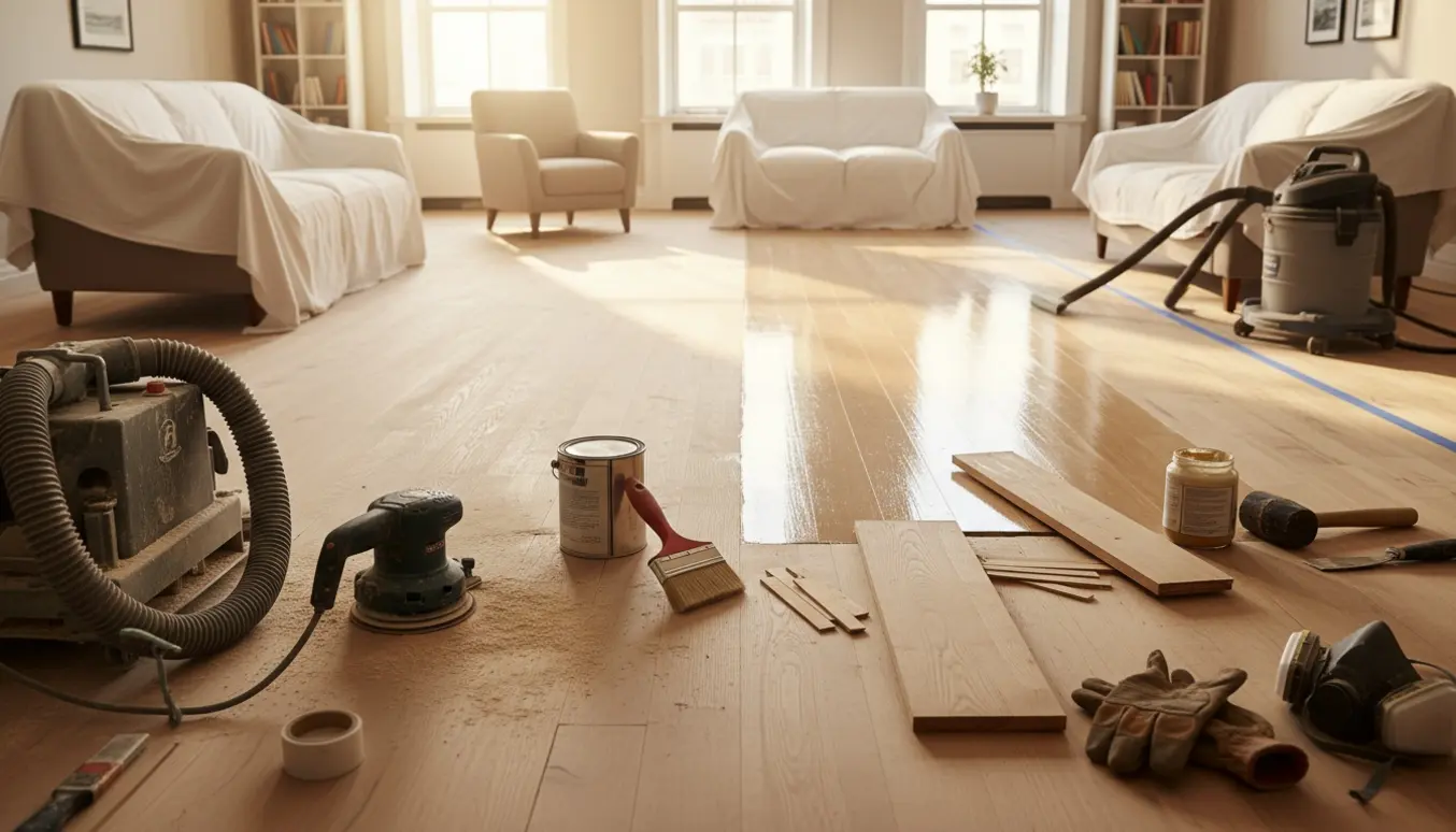 Renovering af trægulv i solrig lejlighed med slibede, lakerede og reparerede gulvbrædder og værktøj.