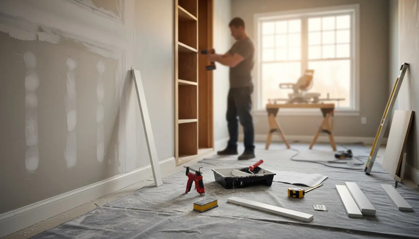 Entre under renovering med nysatte gipsvægge, udskiftet vægfod og håndværker, der monterer et indbygget skab.