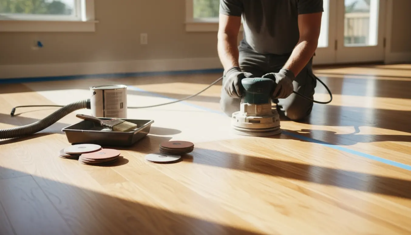 Håndstyret gulvslibemaskine og bøtte med træolie ved et nyslebet trægulv i et solbeskinnet rum.