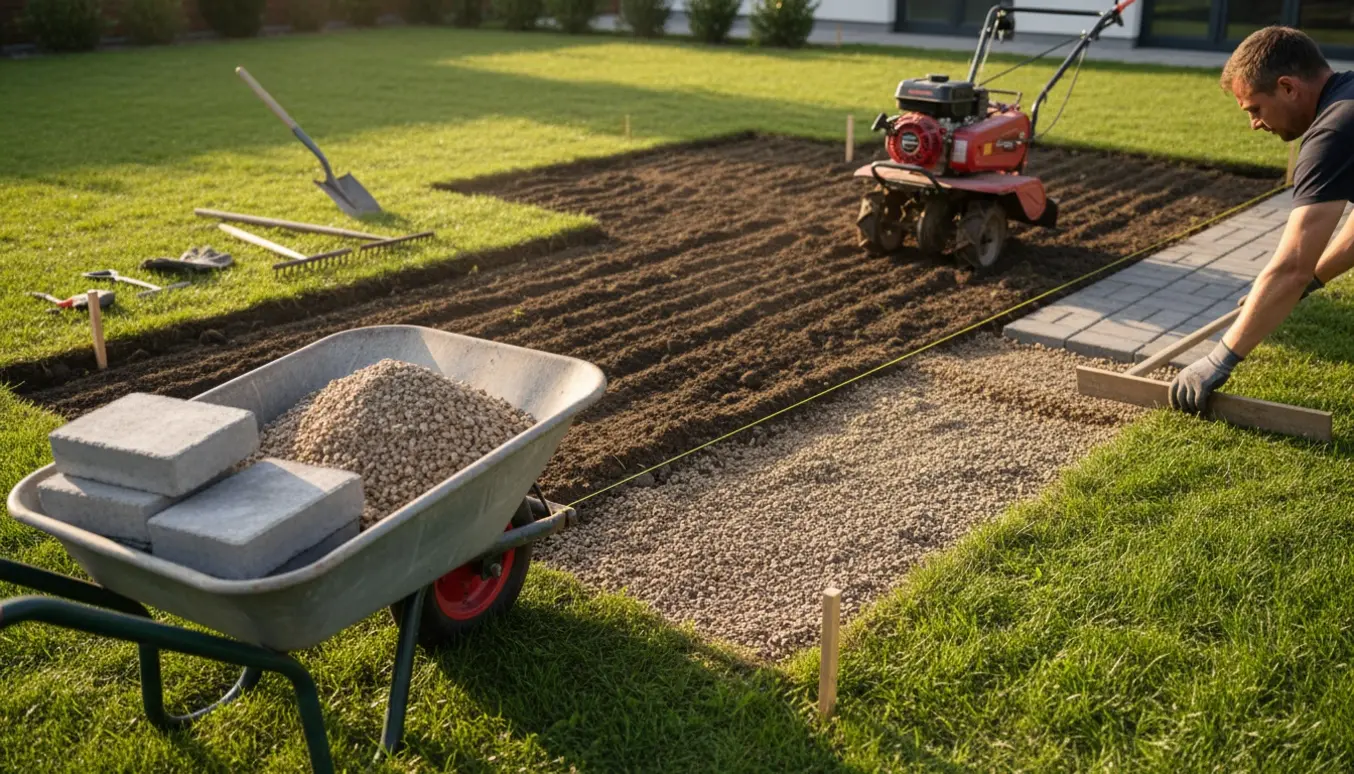 Delvist fjernet græs med fræset jord og udlagt grus klar til fliser i en baghave.