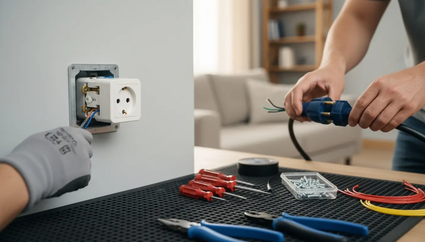 Nærbillede af hænder, der monterer en stikkontakt i væggen og samler en stikprop på et kabel i naturligt dagslys.