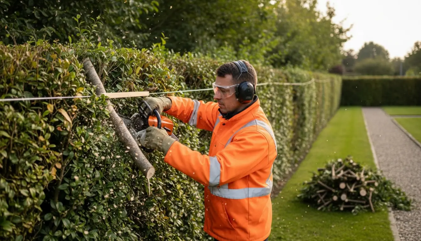 En arbejder uden synligt ansigt trimmer en lang blandet hæk med motorsav, med afklippede grene samlet i en bunke ved siden af.