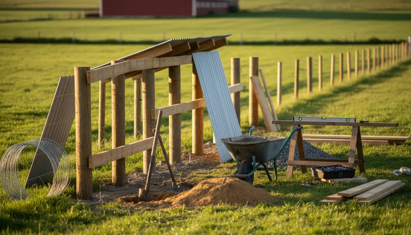 Delvist opført læskur ved en klargjort fold med værktøj og materialer i forgrunden.
