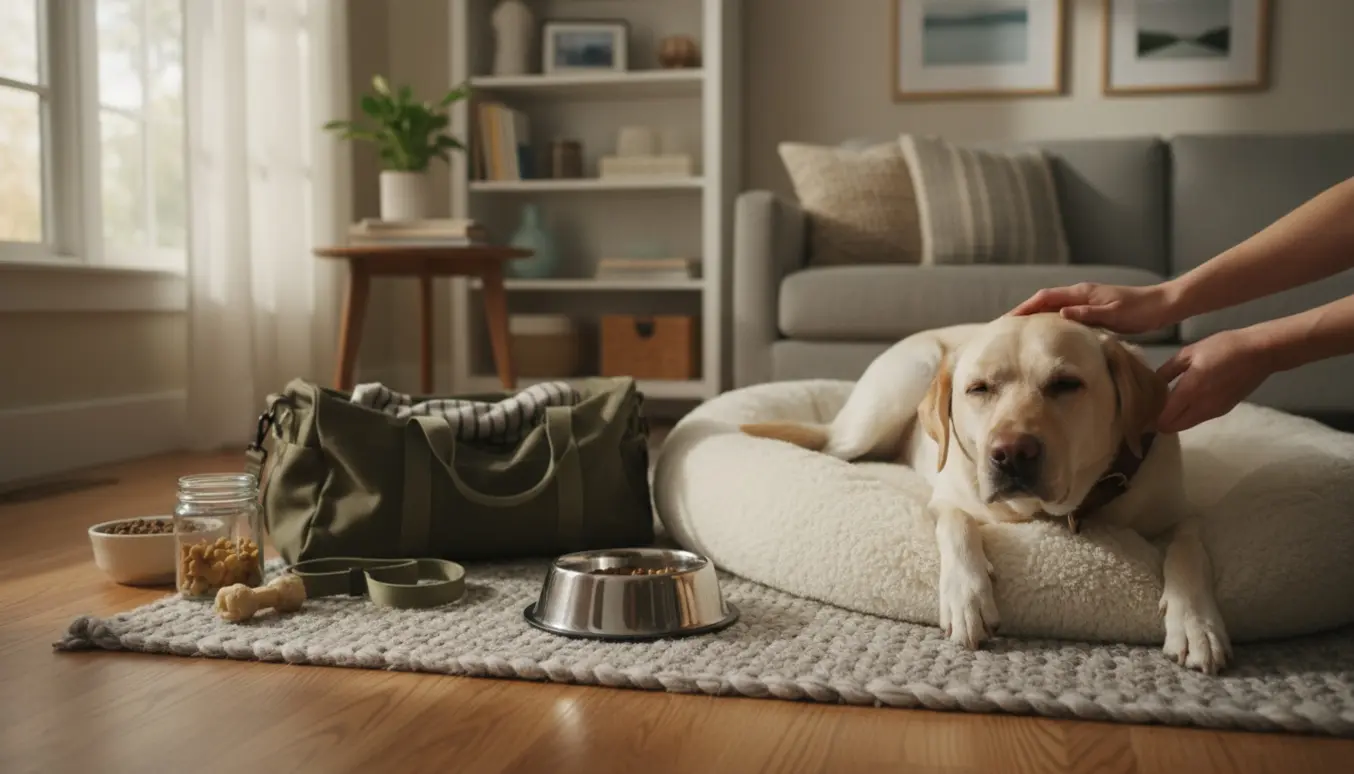 En velopdragen labrador ligger fredeligt på en hundeseng i et hyggeligt hjem under pasning.
