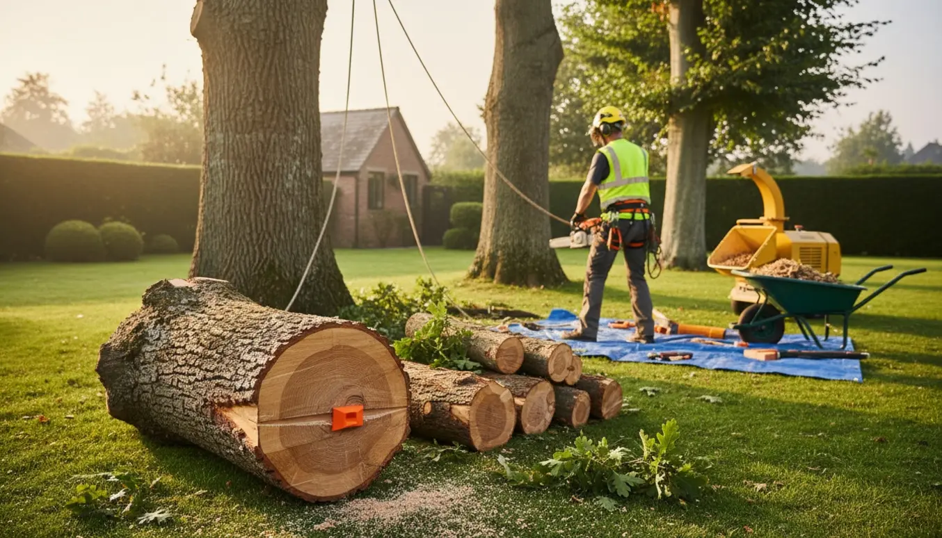 Professionel træfældning i en have med to egetræer og en bøg, friske snit, stak af brædder og redskaber.